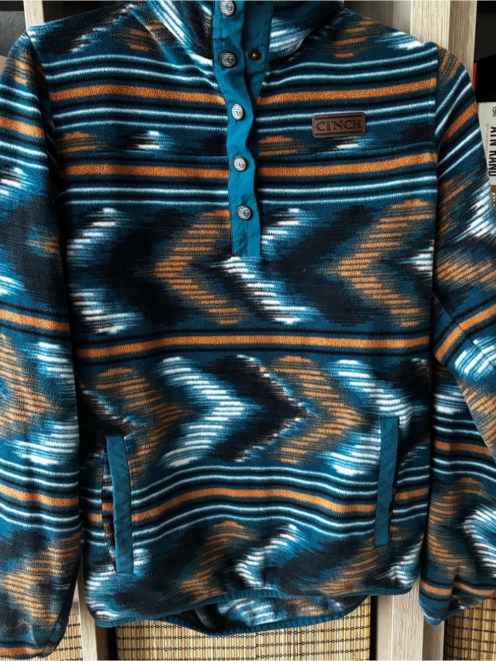 Cinch Teal & Orange Striped Aztec Knit Pullover sz S M women